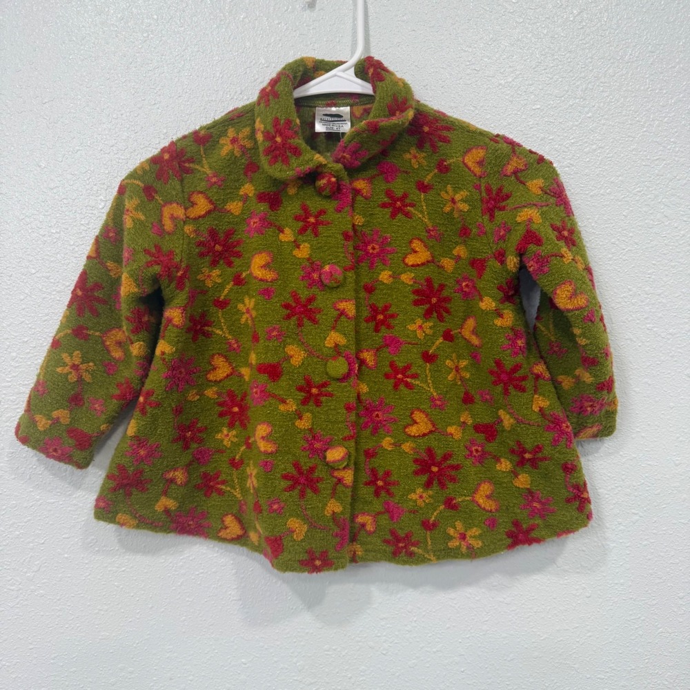 Mulberry Bush Girls Fleece Jacket Olive Green Floral Heart Button Front Coat 4T